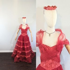 1950s Vintage Long Red Ruffled Tulle Cupcake Dress + Prom Gown with Tiara